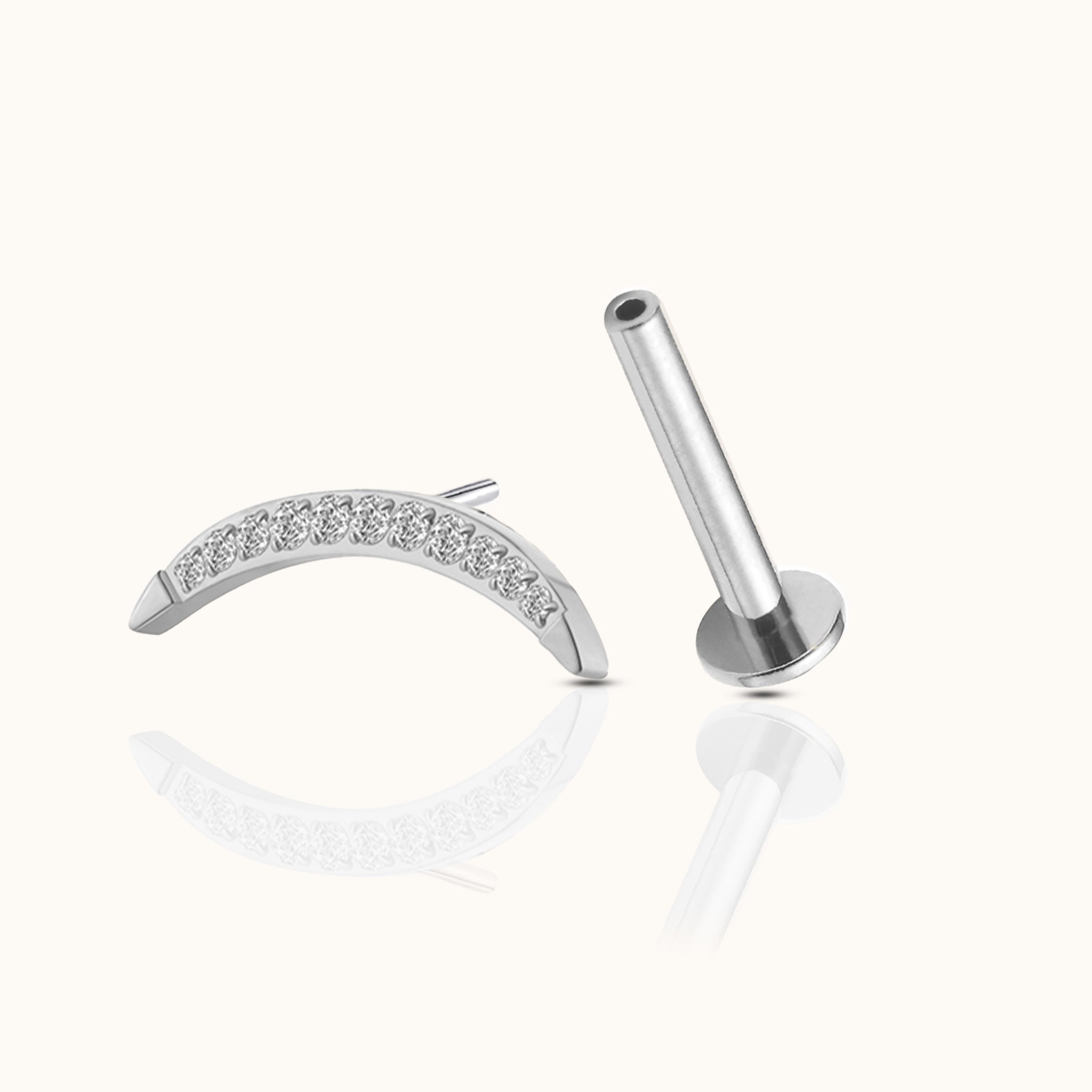 Large Moon Crescent Threadless Labret Silverr Color Titanium Flat Back Earring by Doviana