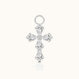 DOVIANA implant-grade titanium cross ear charm with five pear-cut clear CZ stones, a round CZ center, and a polished silver-tone finish.