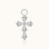 DOVIANA implant-grade titanium cross ear charm with five pear-cut clear CZ stones, a round CZ center, and a polished silver-tone finish.