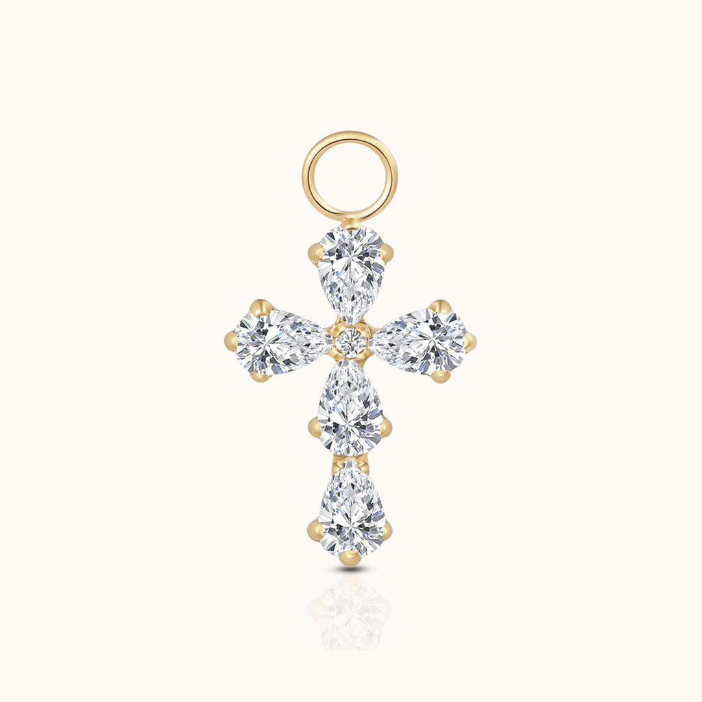 DOVIANA implant-grade titanium cross ear charm with five pear-cut clear CZ stones, a round CZ center, and an 18K PVD gold finish.