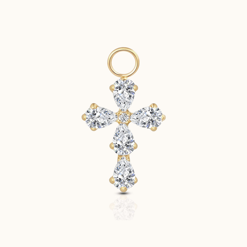 DOVIANA implant-grade titanium cross ear charm with five pear-cut clear CZ stones, a round CZ center, and an 18K PVD gold finish.