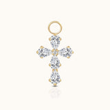 DOVIANA implant-grade titanium cross ear charm with five pear-cut clear CZ stones, a round CZ center, and an 18K PVD gold finish.