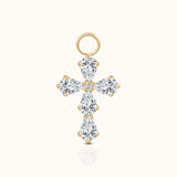 DOVIANA implant-grade titanium cross ear charm with five pear-cut clear CZ stones, a round CZ center, and an 18K PVD gold finish.