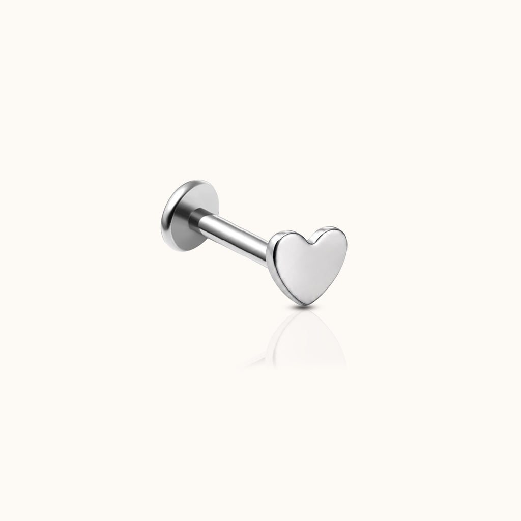Heart-shaped implant grade titanium threadless flat back earring for cartilage and lobe piercings featuring minimalist hypoallergenic jewelry by DOVIANA.