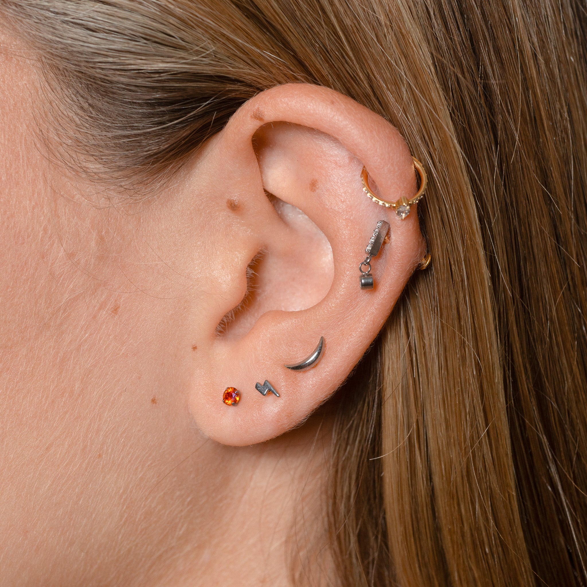 Implant Grade Titanium Gold PVD Crescent Moon White CZ Dangle Push In Threadless Labret With Flat Back