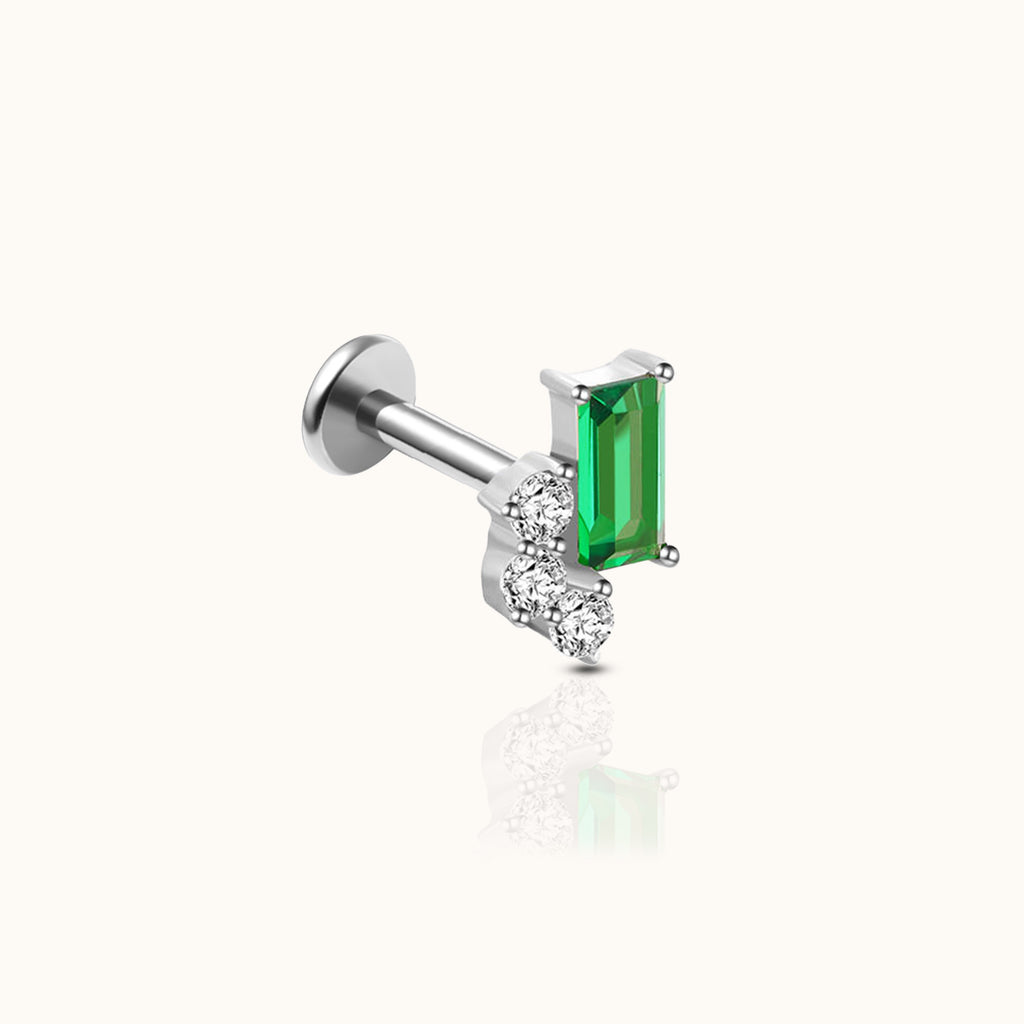 Rectangle Green CZ and Triple CZ Accents Silver Threadless Labret Titanium Flat Back Earring by Doviana