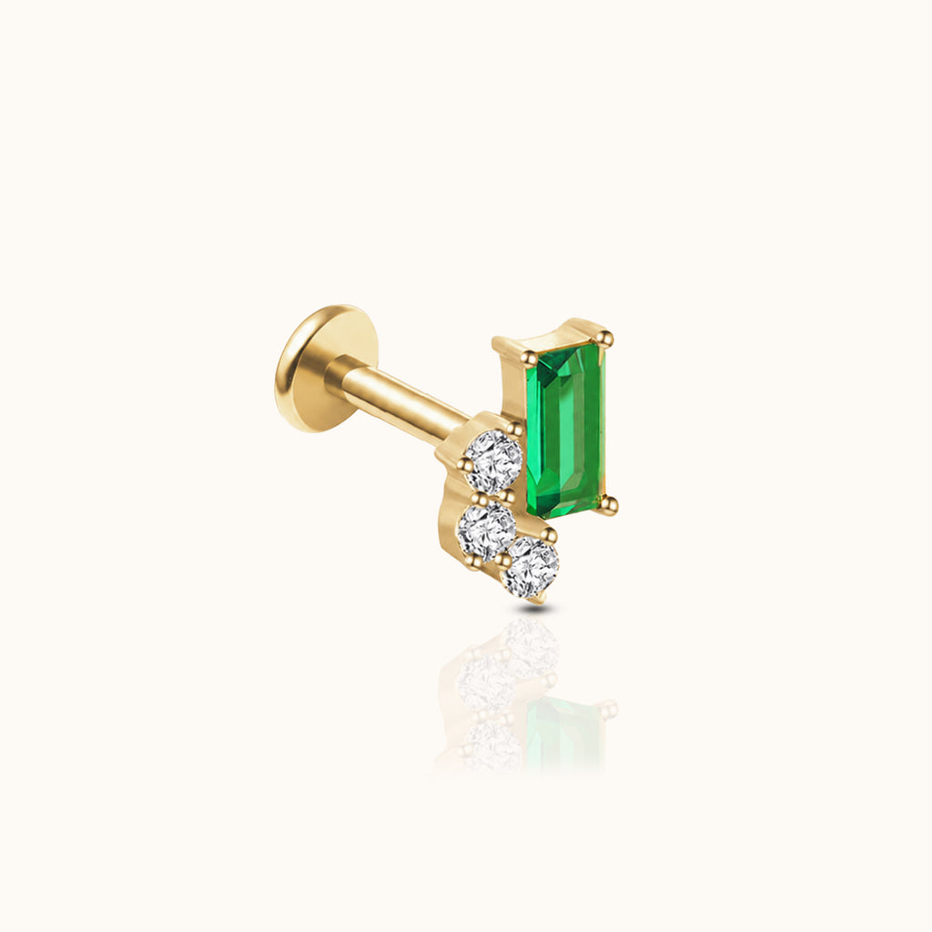 Rectangle Green CZ and Triple CZ Accents Threadless Labret Titanium PVD Gold Flat Back Earring by Doviana