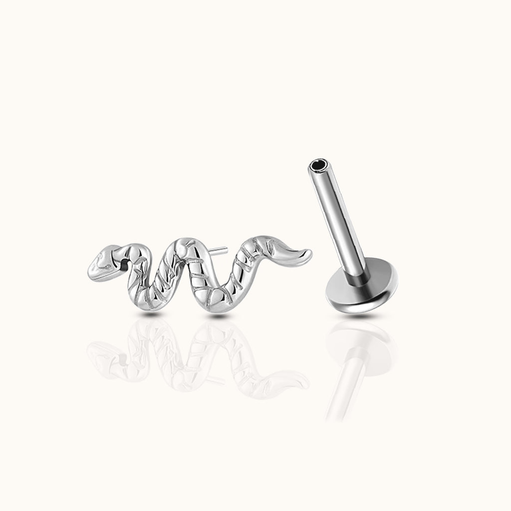 Silver Snake Coiled Cobra Textured Serpent Threadless Labret Titanium Flat Back Earring by Doviana