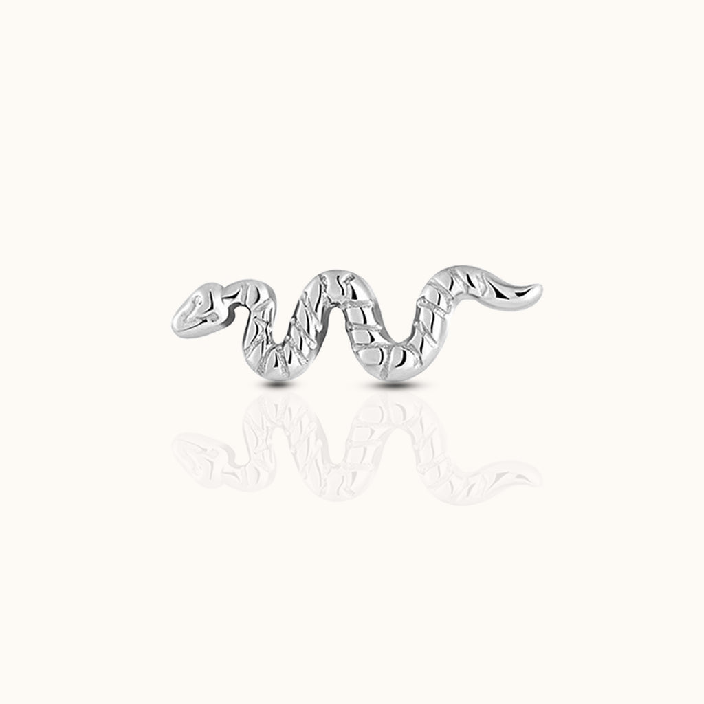 Silver Snake Coiled Cobra Textured Serpent Threadless Labret Titanium Flat Back Earring by Doviana