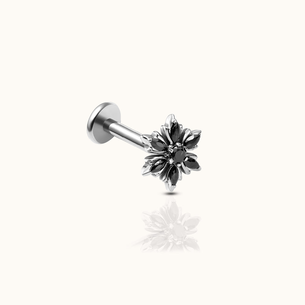 Snowflake Black CZ Threadless Labret Dainty Hypoallergenic Titanium Flat Back Earring by Doviana