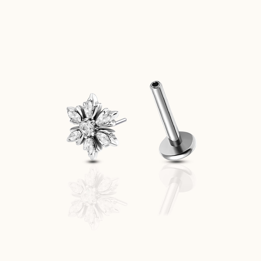 Snowflake CZ Threadless Labret Dainty Hypoallergenic Titanium Flat Back Earring by Doviana
