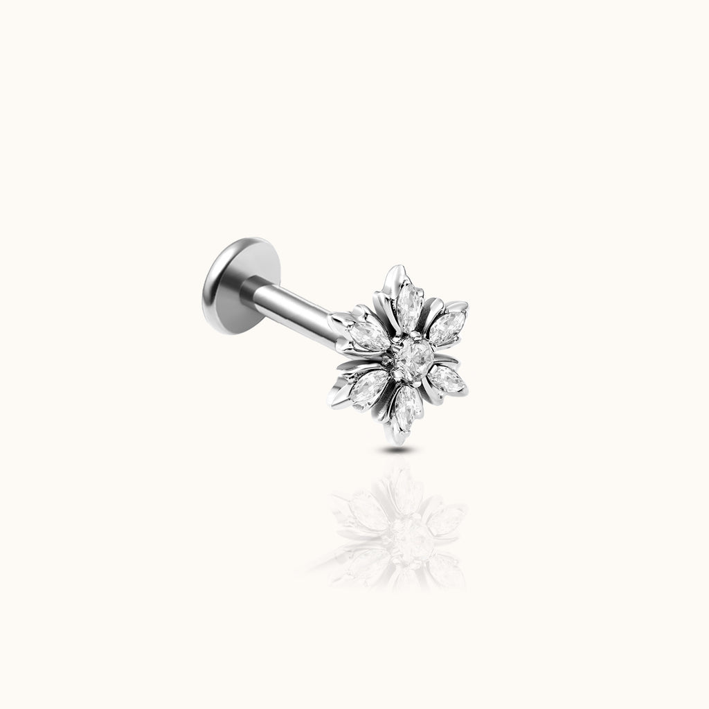 Snowflake White CZ Threadless Labret Titanium Flat Back Earring