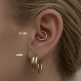 DOVIANA NYC daith and lobe piercing service featuring a CZ daith clicker hoop and gold lobe hoop earrings for minimalist curated ear styling in New York.