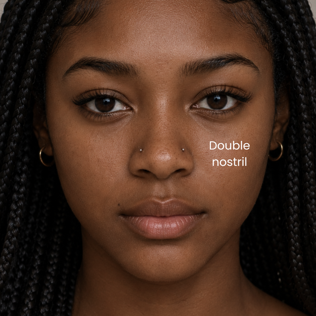 DOVIANA NYC double nostril piercing service featuring delicate flat back nose studs for professional nose piercings and minimalist piercing jewelry in New York.