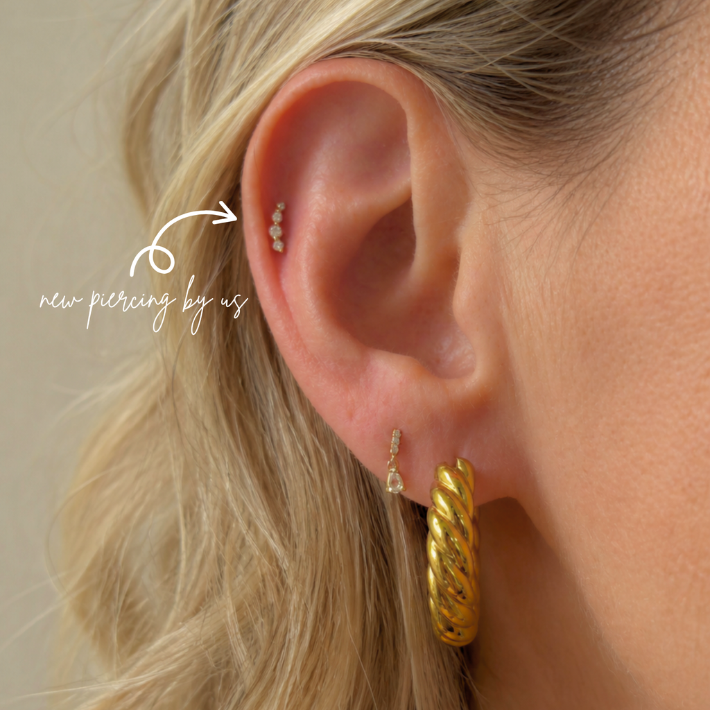 DOVIANA 14K solid gold graduated CZ wave arc climber threadless labret flat back earring, curved cartilage and helix climber for sensitive ears, dainty fine jewelry