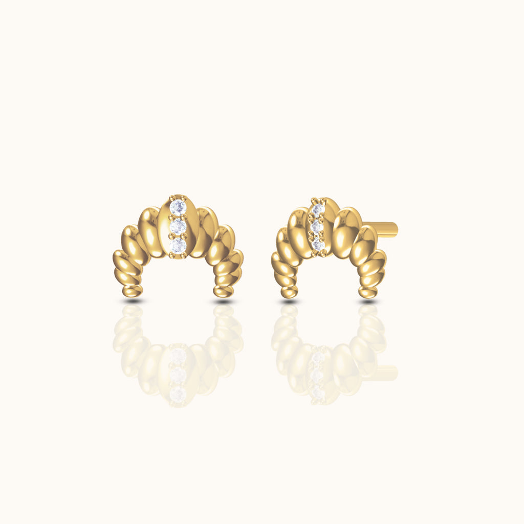 Sterling silver croissant dome stud earrings with thick 18K gold plating and CZ accents, minimalist textured gold studs for everyday wear by DOVIANA NYC.