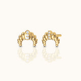 Sterling silver croissant dome stud earrings with thick 18K gold plating and CZ accents, minimalist textured gold studs for everyday wear by DOVIANA NYC.
