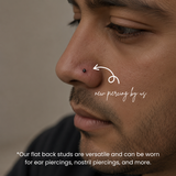 Close-up of men’s nostril piercing with a 2mm black CZ titanium flat back stud jewelry featuring minimalist hypoallergenic nose piercing styling at DOVIANA NYC.
