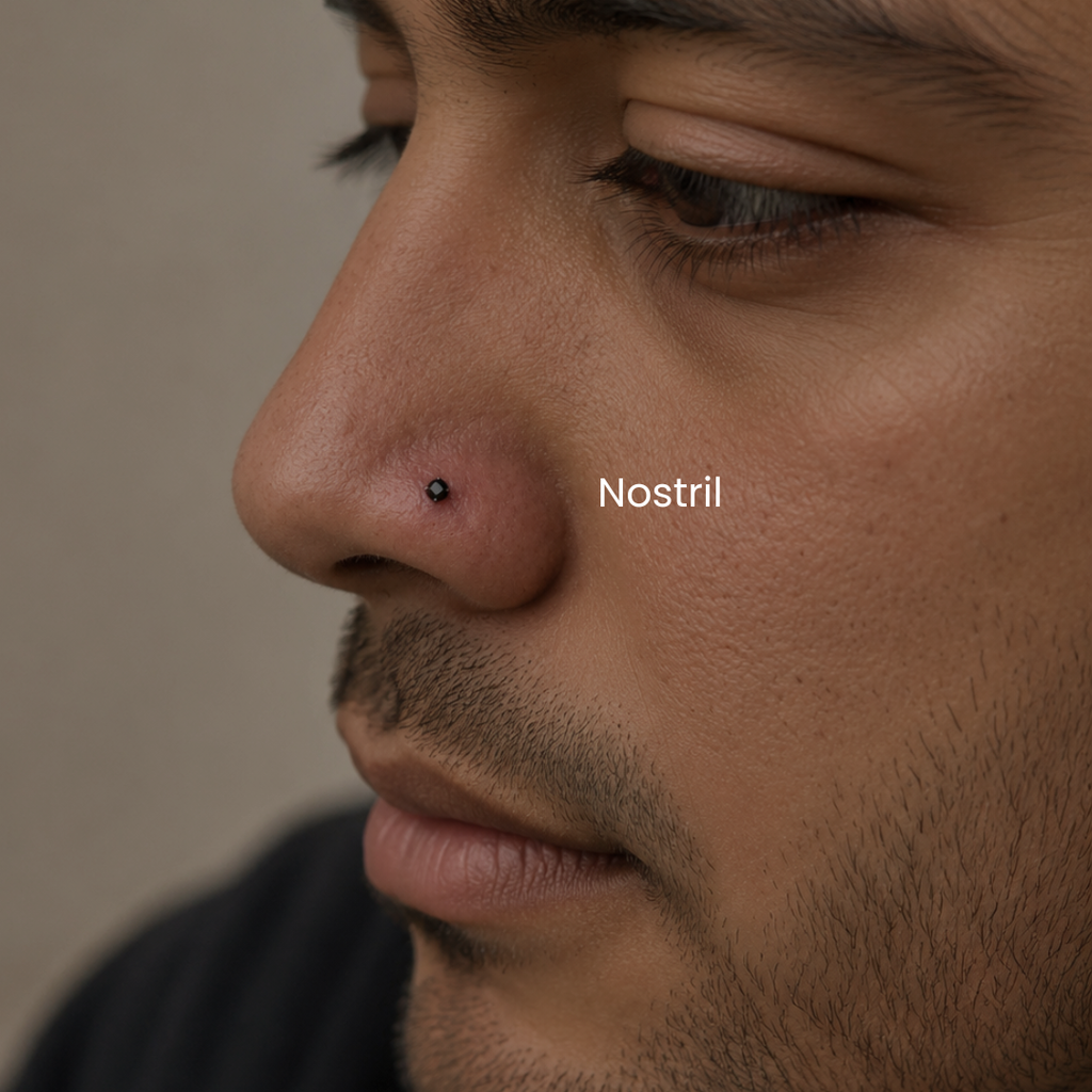 Close-up of nostril piercing with Classic Black 2mm CZ threadless titanium flat back jewelry styled in a minimalist facial piercing aesthetic at DOVIANA NYC.