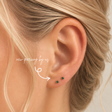 DOVIANA Classic Green CZ 2mm Threadless Labret Titanium Flat Back Earrings styled in fresh second lobe piercings, featuring vibrant green cubic zirconia and implant-grade titanium flat back posts in Manhattan, New York.