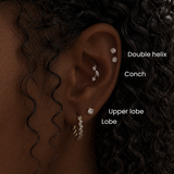 Close-up of conch piercing with double helix and lobe piercings styled in a luxury curated ear aesthetic featuring diamond cartilage jewelry at DOVIANA NYC.