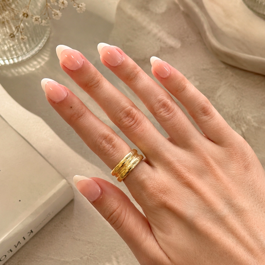 DOVIANA Double Layer Chunky Band Titanium PVD Gold Ring featuring a bold stacked band design, polished gold finish, and modern minimalist styling for everyday wear.