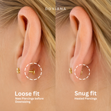 Back view comparison of gold flat back earrings showing loose fit versus snug fit on a blonde white woman’s ear, illustrating different flat back post lengths for cartilage and lobe piercings by DOVIANA.