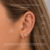 DOVIANA flat back post length guide infographic featuring a blonde woman’s ear with labeled piercing placements including forward helix, flat, helix, conch, tragus, and upper lobe, showing recommended flat back earring post lengths from 6mm to 8mm with diamond stud jewelry.