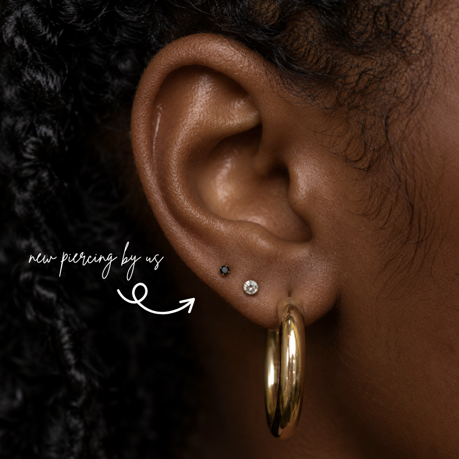 DOVIANA NYC curated ear piercing featuring a black CZ flat back earring, clear CZ stud, and gold hoop earring for minimalist everyday piercing jewelry in New York.