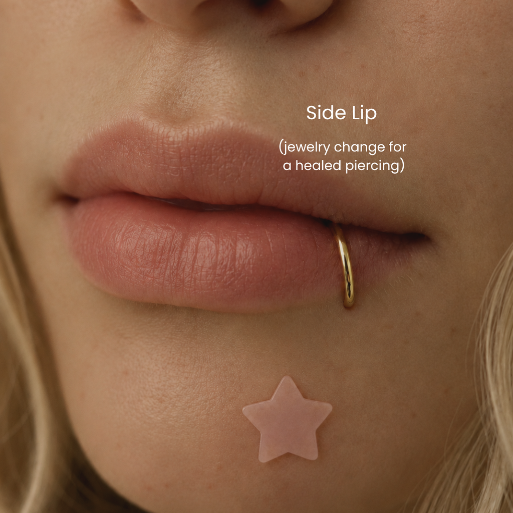 Close-up of healed side labret piercing - lip piercing with 14K gold hoop jewelry change at DOVIANA NYC featuring minimalist body piercing jewelry and professional piercing service.
