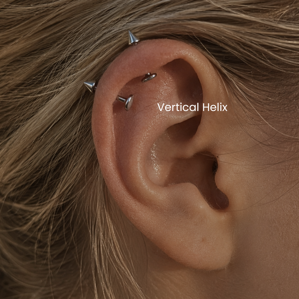 Close-up vertical helix piercing by DOVIANA featuring implant-grade titanium spike jewelry and professional cartilage piercing service in NYC with curated edgy ear styling.