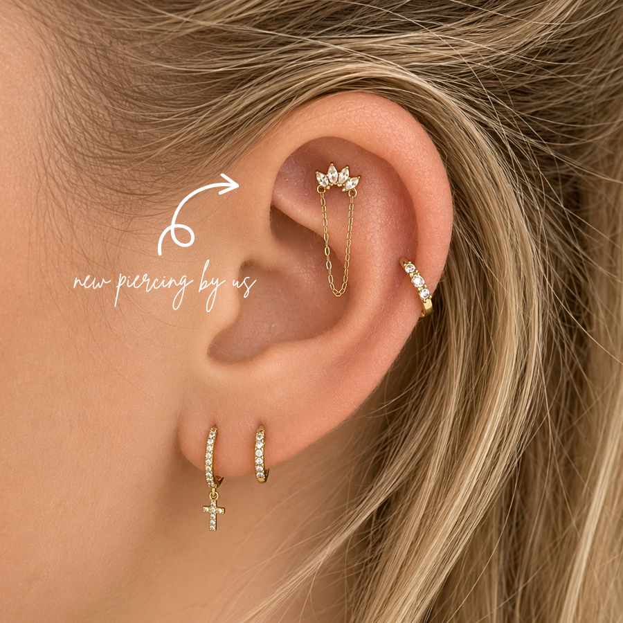 DOVIANA NYC flat piercing featuring a flower chain flat back earring styled with gold pavé hoops, helix jewelry, and minimalist curated ear jewelry in New York.