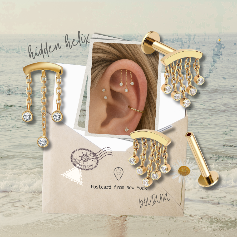 DOVIANA NYC hidden helix chain dangle flat back earring featuring gold CZ bezel drops, styled in a curated ear piercing for minimalist fine piercing jewelry in New York.