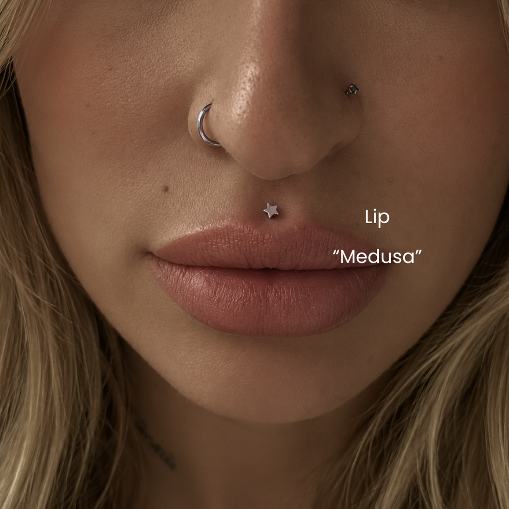 DOVIANA NYC lip piercing service featuring a Medusa piercing with a titanium star flat back stud, styled with nostril jewelry for professional body piercings in New York, needle piercing only.