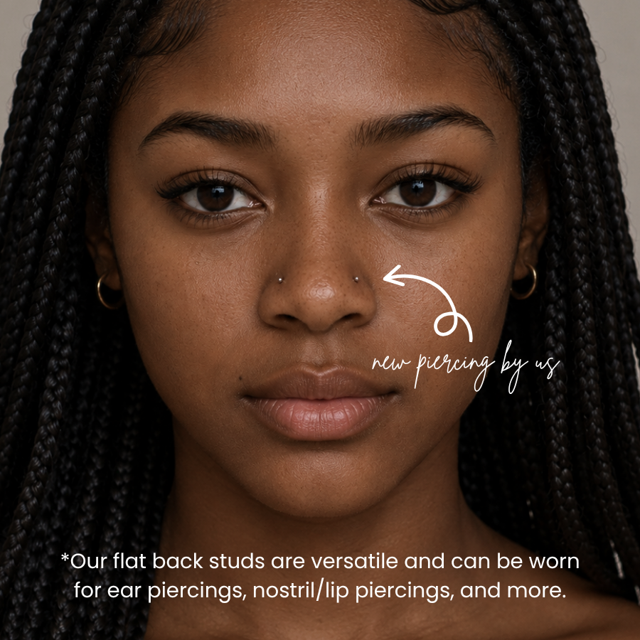 DOVIANA NYC nostril piercing featuring delicate flat back studs, showing versatile jewelry that can be worn for nose, ear, and lip piercings in New York.
