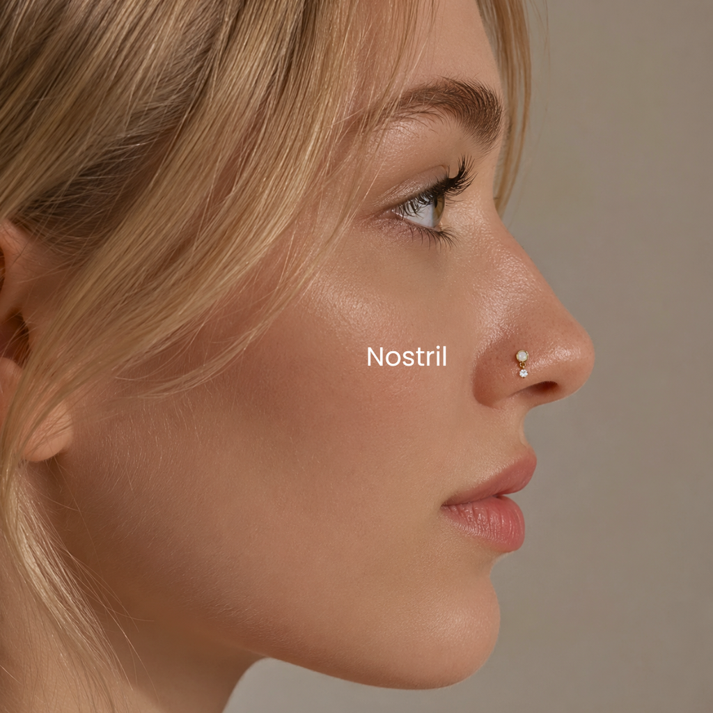 DOVIANA NYC nostril piercing service featuring a delicate flat back stud for professional nose piercings and minimalist piercing jewelry in New York.