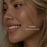 DOVIANA NYC smiley piercing service featuring a lip frenulum piercing with silver jewelry for professional oral and body piercings in New York.