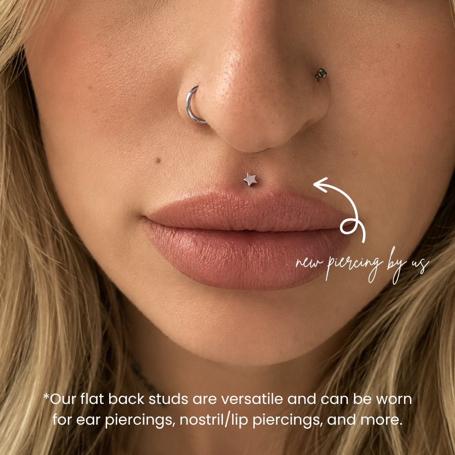 DOVIANA NYC titanium star flat back earring styled in a lip piercing with nostril jewelry, showing versatile flat back studs for ear, nose, and lip piercings in New York.