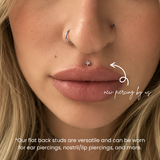 DOVIANA NYC titanium star flat back earring styled in a lip piercing with nostril jewelry, showing versatile flat back studs for ear, nose, and lip piercings in New York.