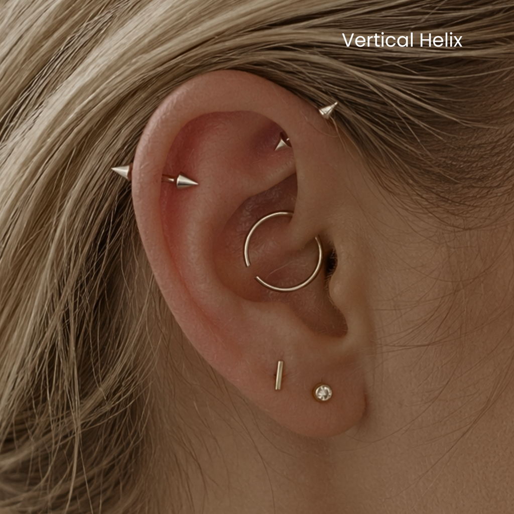 DOVIANA NYC vertical helix piercing service featuring a silver spike barbell and curated ear jewelry for professional ear piercings in New York.