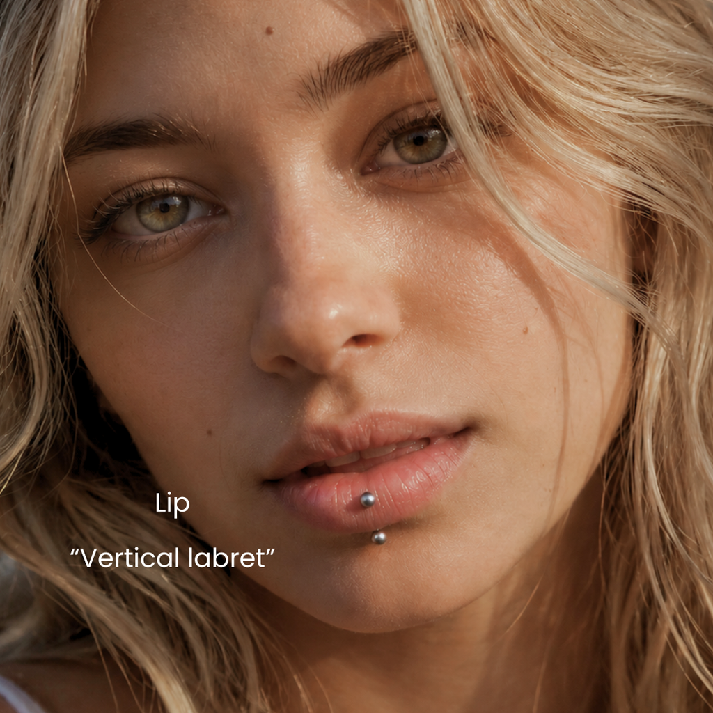 DOVIANA NYC lip piercing service featuring a vertical labret piercing with silver ball jewelry for professional body piercings and minimalist piercing styling in New York, needle piercing only.