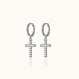 Dangle CZ Cross Hoop Earrings 925 Sterling Silver Hanging Studded Cross Earring by Doviana