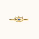 Gold Slim Band Petite Blue Eye Protection Enlightened Evil Eye Ring by Doviana