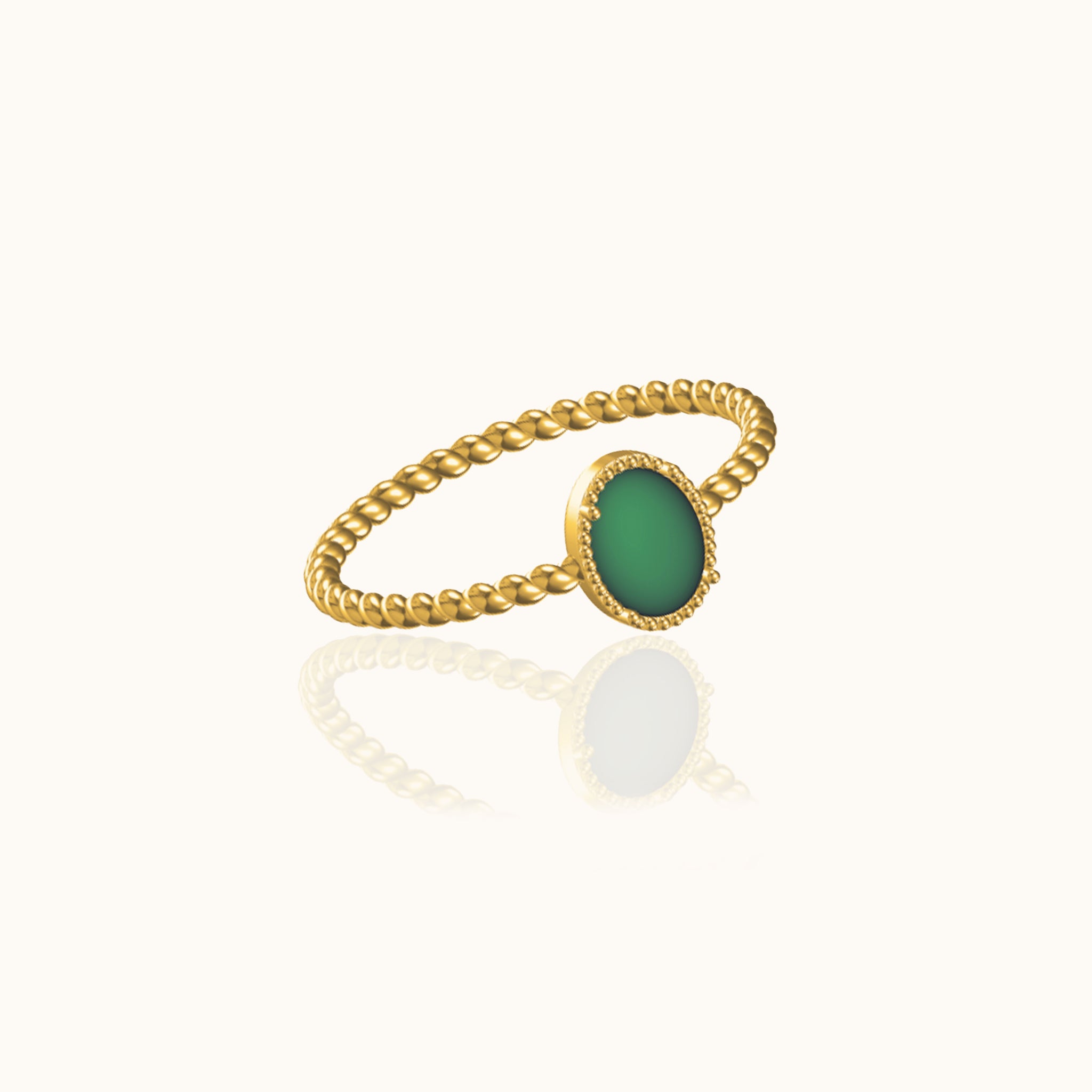 Gold Twisted Rope Band Round Natural Green Jade Genuine Jade Solitaire Ring by Doviana