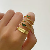 Gold Slim Band Emerald Cut Petite Gemstone Overlap Green CZ Open Ring by Doviana